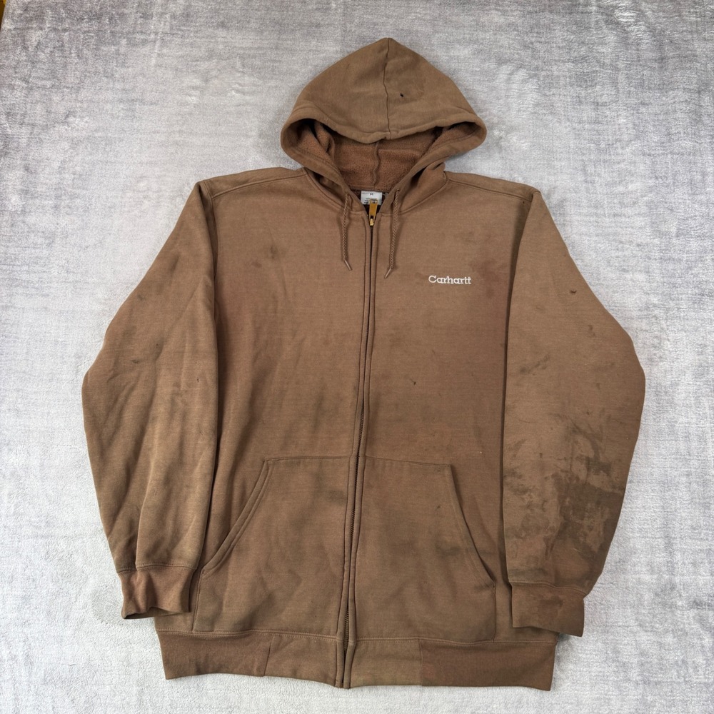 Carhartt Sweatshirt Mens Medium Brown Vtg Full Zip Hoodie Distressed Workwear